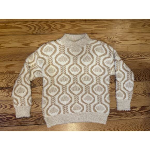 NWOT High Neck Tan Cream Knit Geometric Long Sleeve Winter Sweater S - Picture 3 of 7